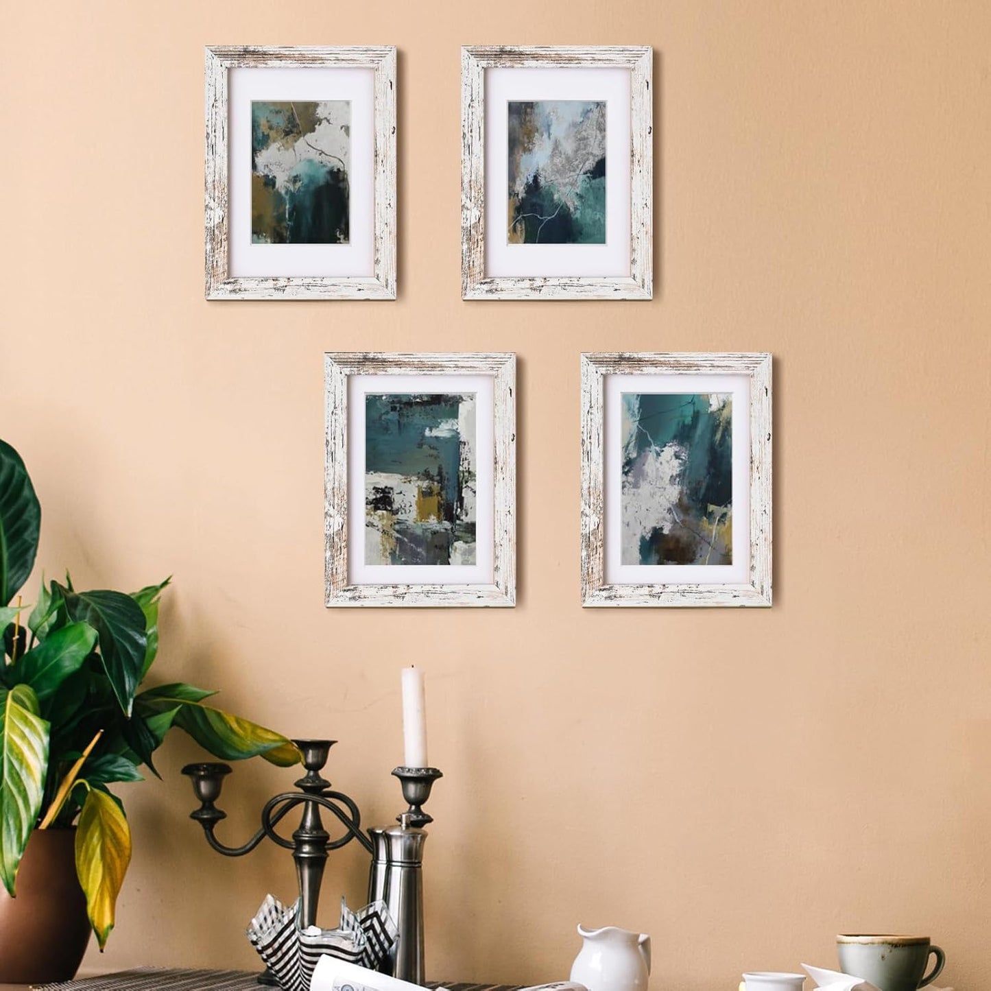 Egofine 5x7 Picture Frames Set of 4, Made of Solid Wood Covered by Plexiglass 3.5x5 and 4x6 with Mat or 5x7 without Mat, for Table Top Display and Wall Mounting Photo Frame Rustic White