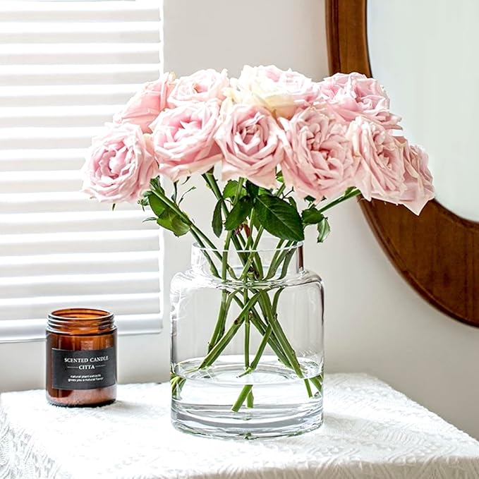BLOFLO Clear Glass Vase, 7 Inch Large Glass Vase for Flowers, Modern Thick Glass Flower Vases for Centerpieces, Decorative Glass Cylinder Hydroponic Vase for Wedding, Home, Office (Clear, 7Inch)