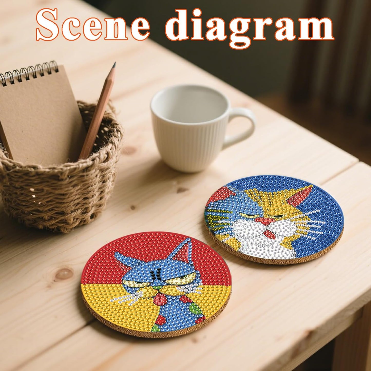 DOTSOPS Cat Diamond Art Coaster with Holder 5D Diamond Painting Kits for Adults Round Full Drill Beginners Gem Dots Craft Arts Supplies Party Home Decor 8PCS