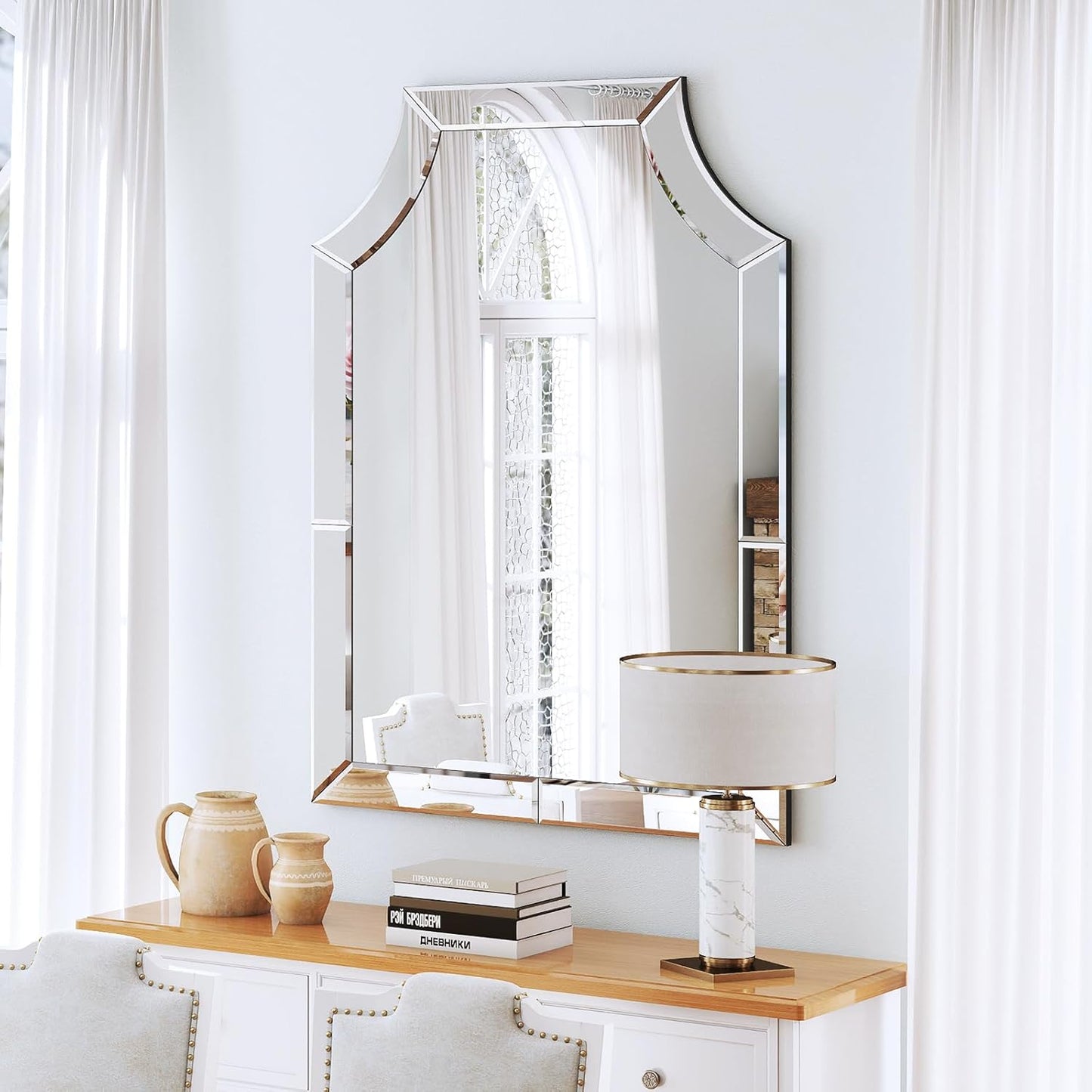 Large Decorative Wall Mirror, 31.5'' X 47.3'' Modern Living Room Mirror for Wall Decor with Glass Pieces and Beveled Edge, Scalloped Bathroom Mirrors Hang Vertically