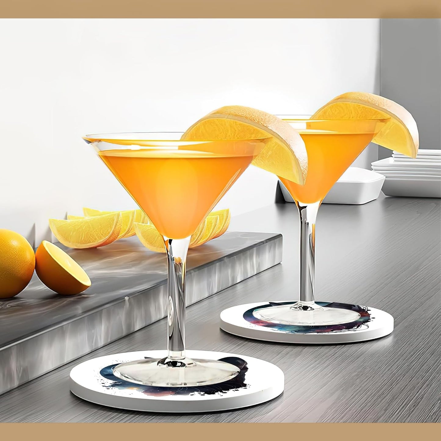 Drink Coasters with Holder,6 Pcs Black Cat Moon Coffee Cup Mat with Storage Holder, Durable Ceramic Coaster Set for Hot & Cold Beverages