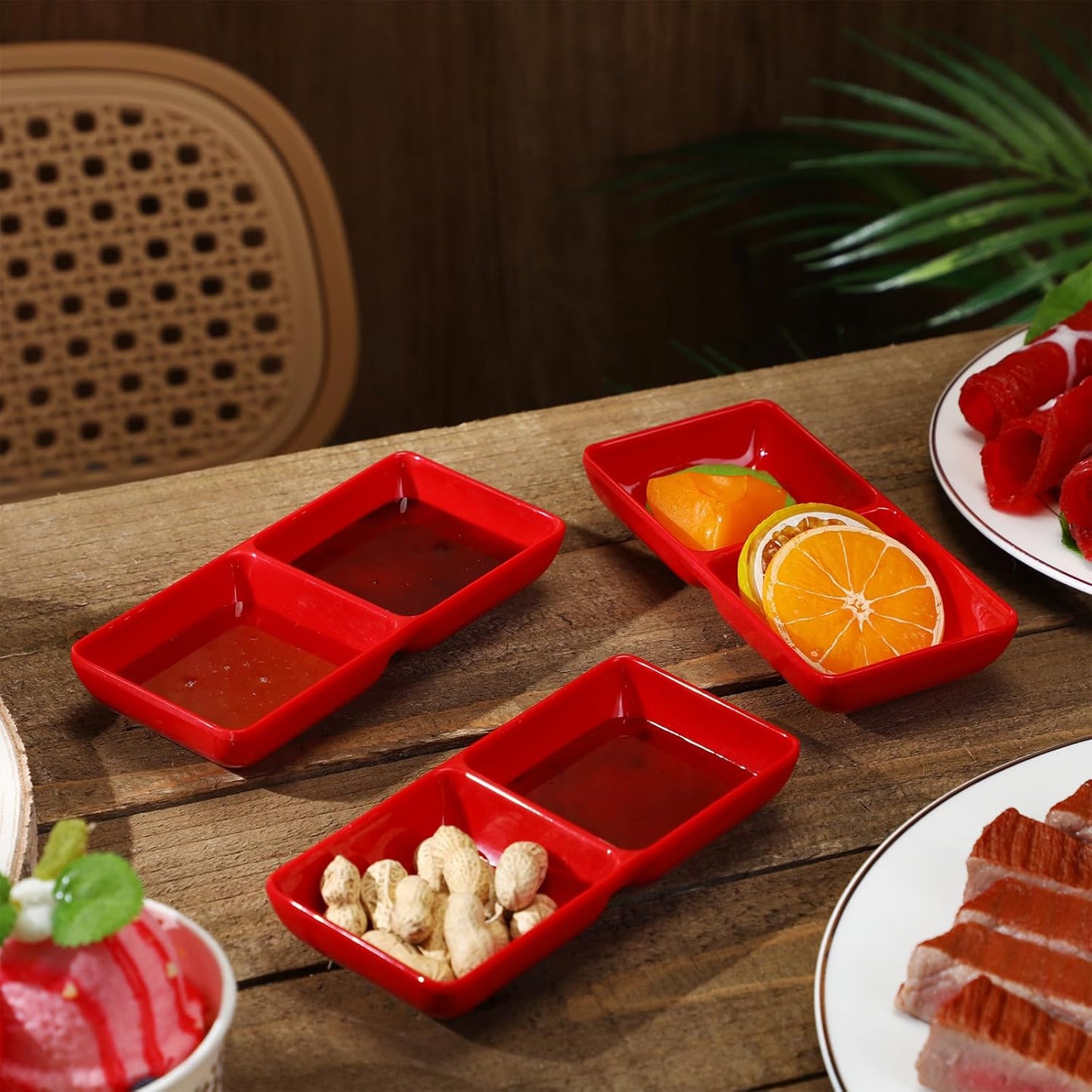 Gejoy 12 Pcs Dual Dipping Sauce Bowls Soy Sauce Dish Bowls Two Compartments Party Trays Divided Fondue Plates for Restaurant Kitchen Sushi Soy (Red)