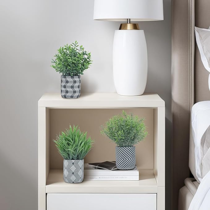 3 Pack Small Fake Plants, Fake Grass Plant, Artificial Boxwood & Rosemary with Geometric Pattern Cement Pots, Small Potted Faux Greenery for Home Decor, Bathroom, Office, Farmhouse Decoration
