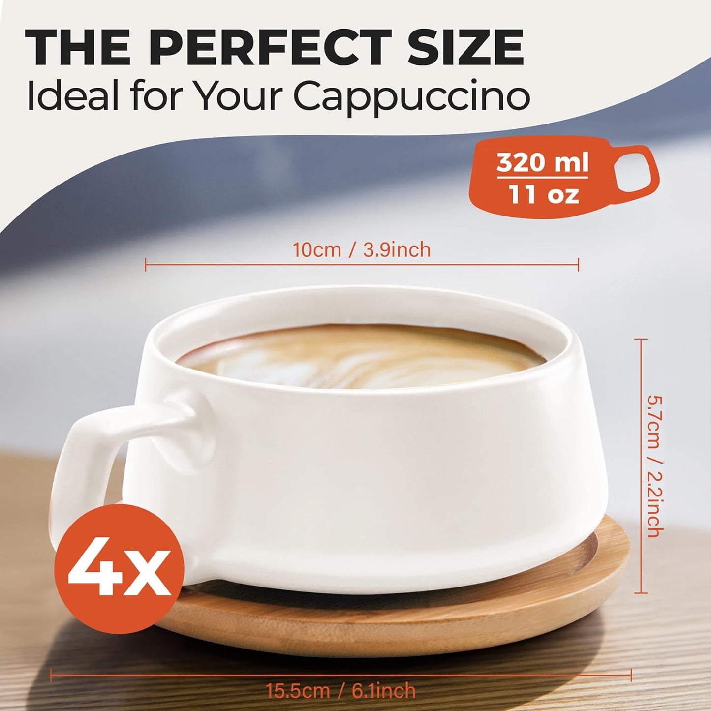 MIAMIO β 11 Oz., Set of 4 Ceramic Tea Cup and Saucer Bamboo/Tea Mug - Wide Cappuccino Cup, Coffee Cups Ceramic Mug for Cappuccino, Latte, Espresso & Americano - Luxe Collection (White)