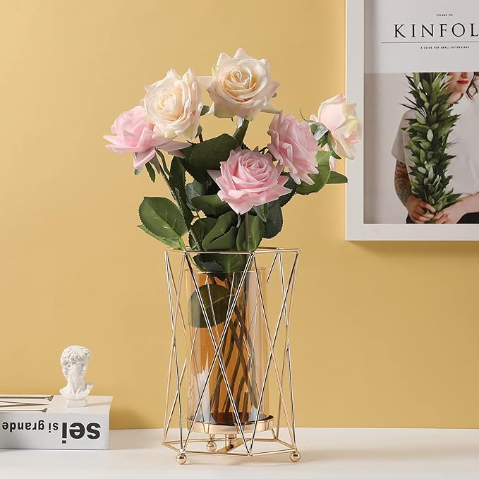 Cosylove Geometric Glass Vase with Metal Bracket, Crystal Transparent Inner Vase, Hand-Plated Geometric Metal Vase, Rose Gold Vase Decoration for Home Office Wedding Holiday Party Gift