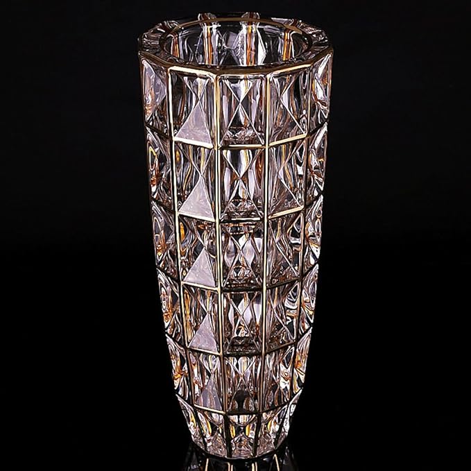 Hand Painted Gold Unique Diamond-Shaped Glass Flower Vase 11.8" Tall for Home Decor, Dining Wedding Table Office Holiday Party Centerpiece Decoration.