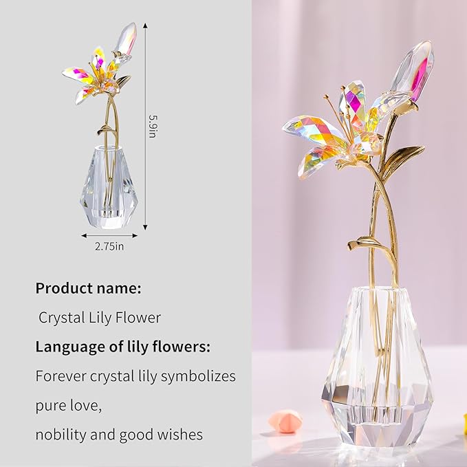LONGWIN Crystal Artifical Tiger Lily Flowers with Vase - AB Coated Crystal Collectible Figurines Blooming Fake Lily Flower Home and Wedding Decor