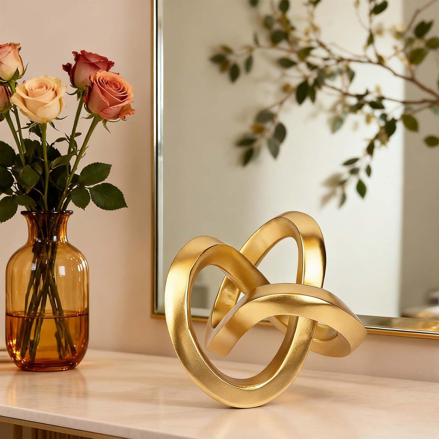 Knot Geometric Sculpture Decor,Mid Century Modern Abstract Figurines,Home Decor Statue,Bookcase Decor,Decorative Accents for Living Room, Coffee Table, Office Desktop, Shelf (Gold)