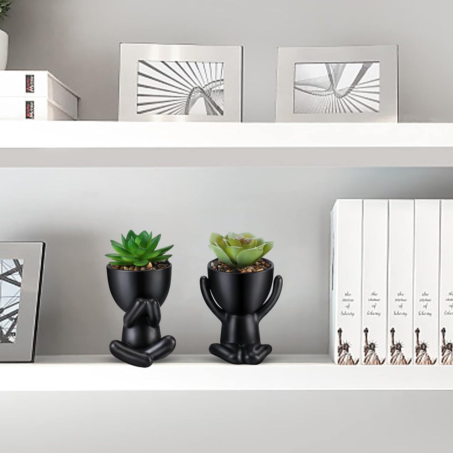 Fake Succulent, Mini Succulents Plants Artificial in Black Modern Human Shaped Ceramic Pots Desk Decor Desk Plant for Office Decor for Women, Cute Fake Plants Bathroom Decor 2PCS