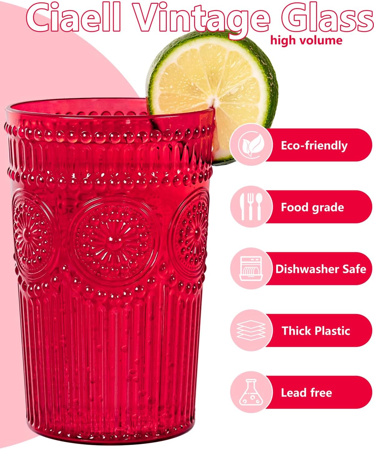 Ciaell 12 Pack Romantic Plastic Water Glasses - 14 Oz Red Vintage Drinking Glasses, Embossed Ribbed Plastic Cups, Textured Striped Set for Juice, Beverages, Beer, Cocktail, Christmas