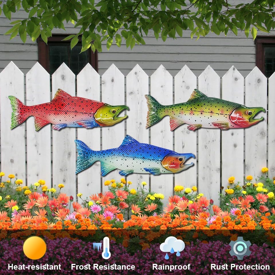 Metal Fish Wall Decor Outdoor Colorful Fish Coastal Ocean Sea Wall Art Sculptures Hanging Decorations for Bedroom, Living Room, Garden, Fence, Patio Set of 3