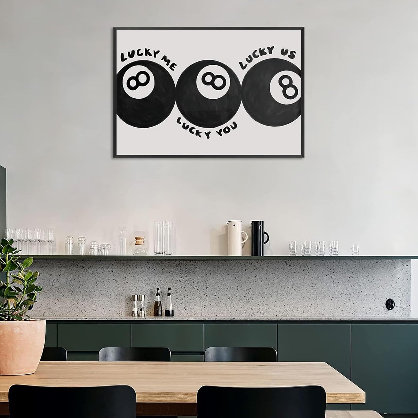 Lucky Me Lucky You Lucky Us Quote Cool Canvas Wall Art Vintage Black 8 Balls Poster Playful Billiards Print Paintings Trendy Aesthetic Pictures Decor for Game Room Bar Cart 16x24inch Metal Black Frame
