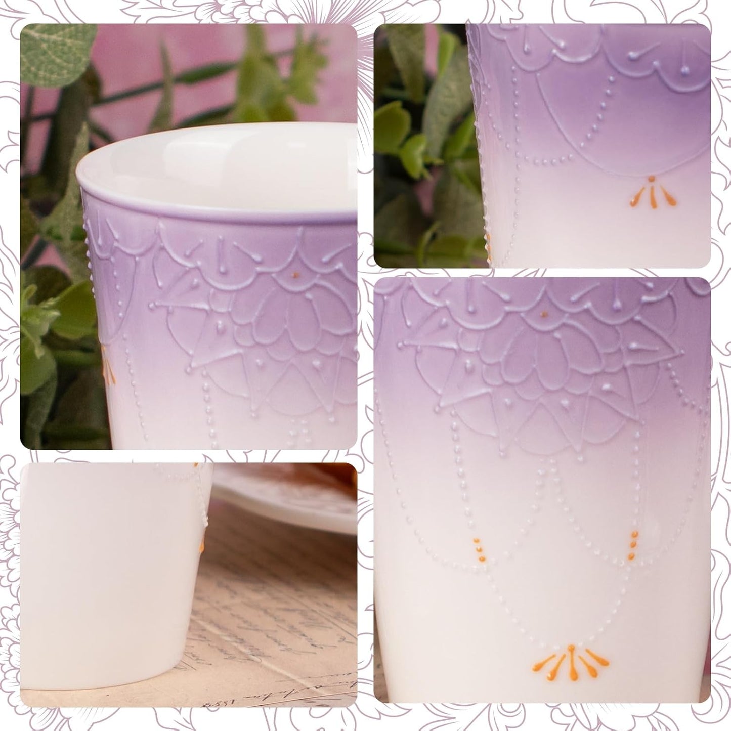 KAMMAK Ceramic Tea Cups Small, Cute Vintage Coffee Cup Set of 2, Porcelain Teacups Espresso Mug, 11.5oz Hand Painted Chinese Afternoon Tea Party Mugs, Birthday Gift for Women Men, Arita Pearl