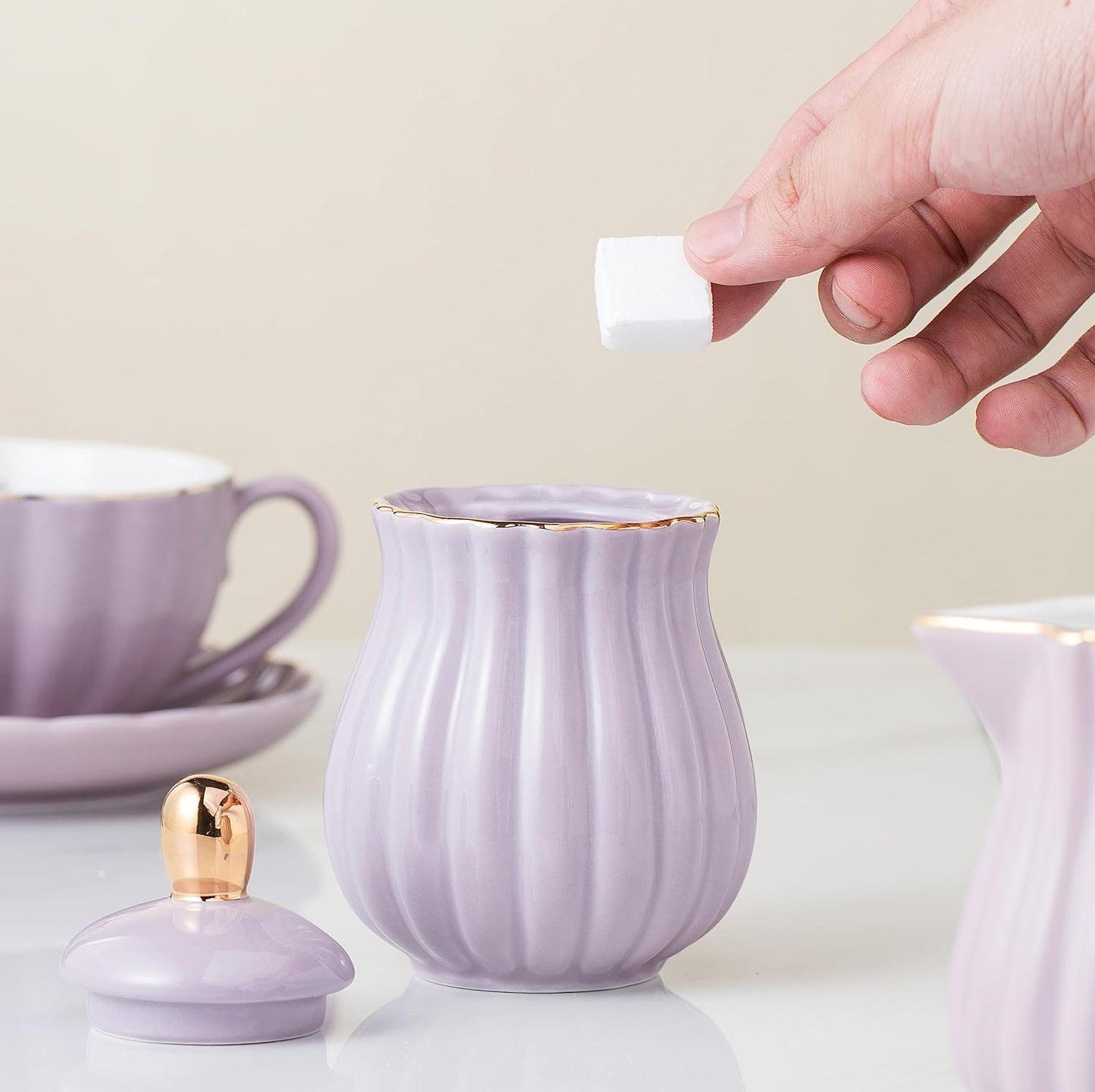 CLAY TONIC-- 8 OZ Fine China Purple Coffee Cup/Teacup Set, Cups & Saucer, with Teapot-Sugar Bowl-Cream Pitcher Teaspoons and tea strainer for Tea/Coffee,17-Pieces- Service for 4 (Purple)