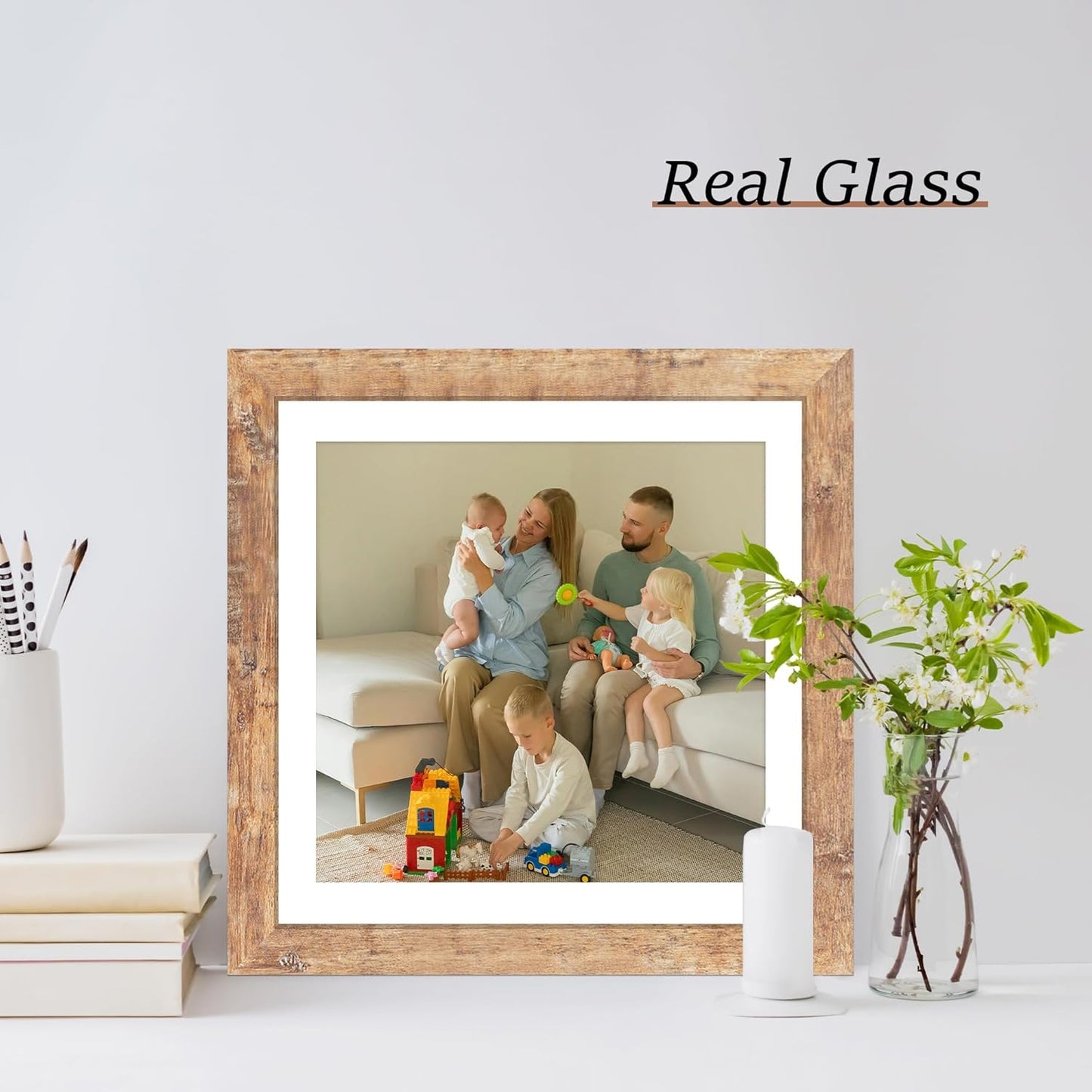 iRahmen 12x12 Picture Frame Set of 4 with Tempered Glass, Rustic Brown Frame Display 10x10 Pictures with Mat or 12 x 12 Without Mat, Wood Square Photo Frames for Desktop Display and Wall Mounting