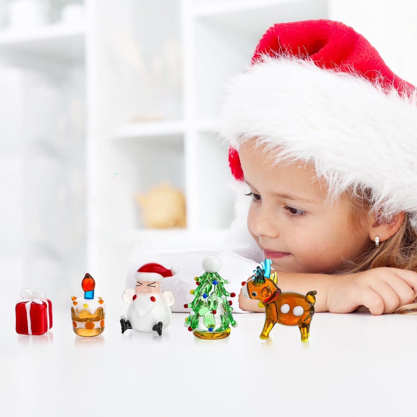 H&D HYALINE & DORA Set of 5 Blown Glass Christmas Figurines Miniature Christmas Holiday Figurines Handmade Christmas Ornaments Table Centerpiece for Home Decorations