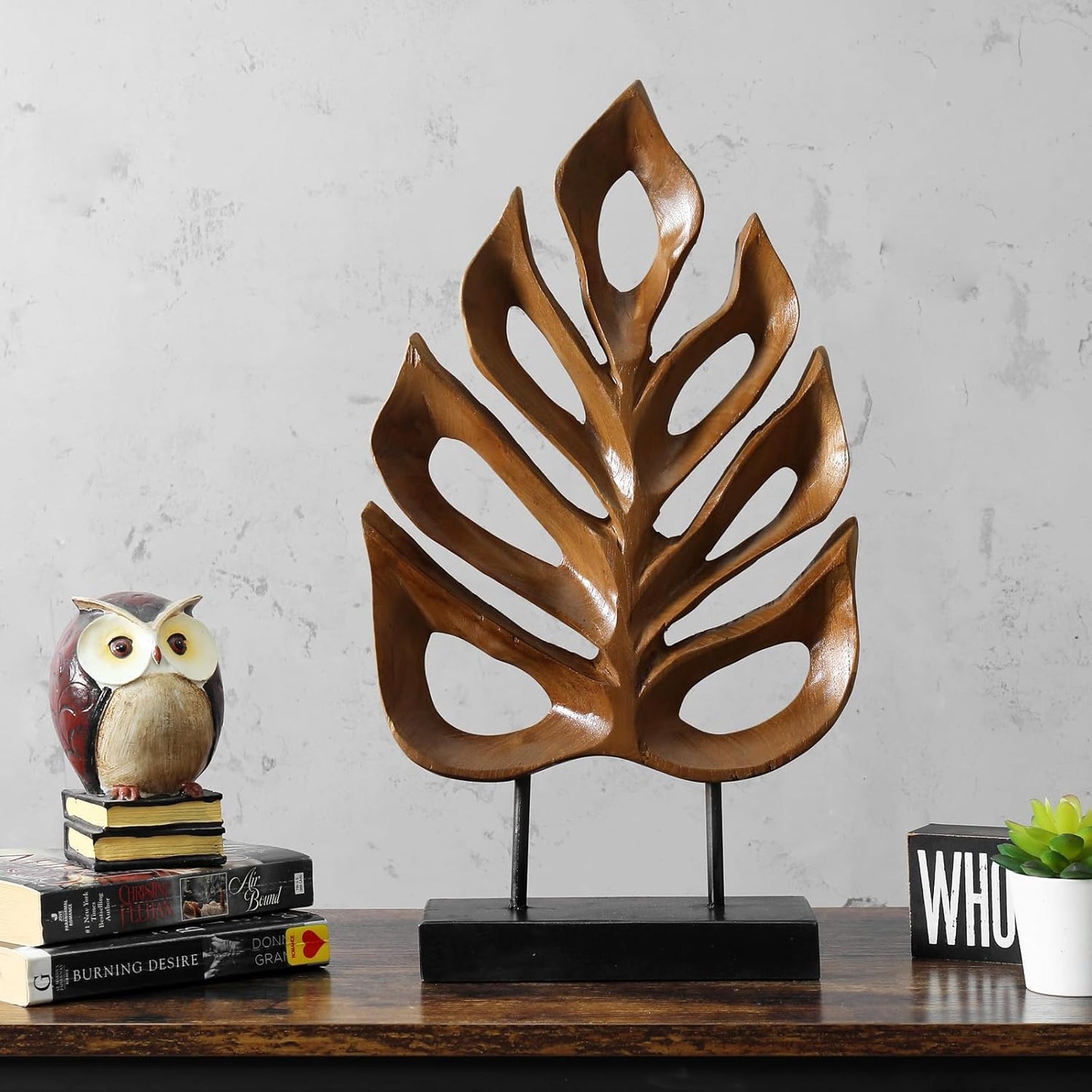 Leaf Teak Sculpture, Wood Tabletop Sculpture Collectible Decoration Gift for Home Office Decor