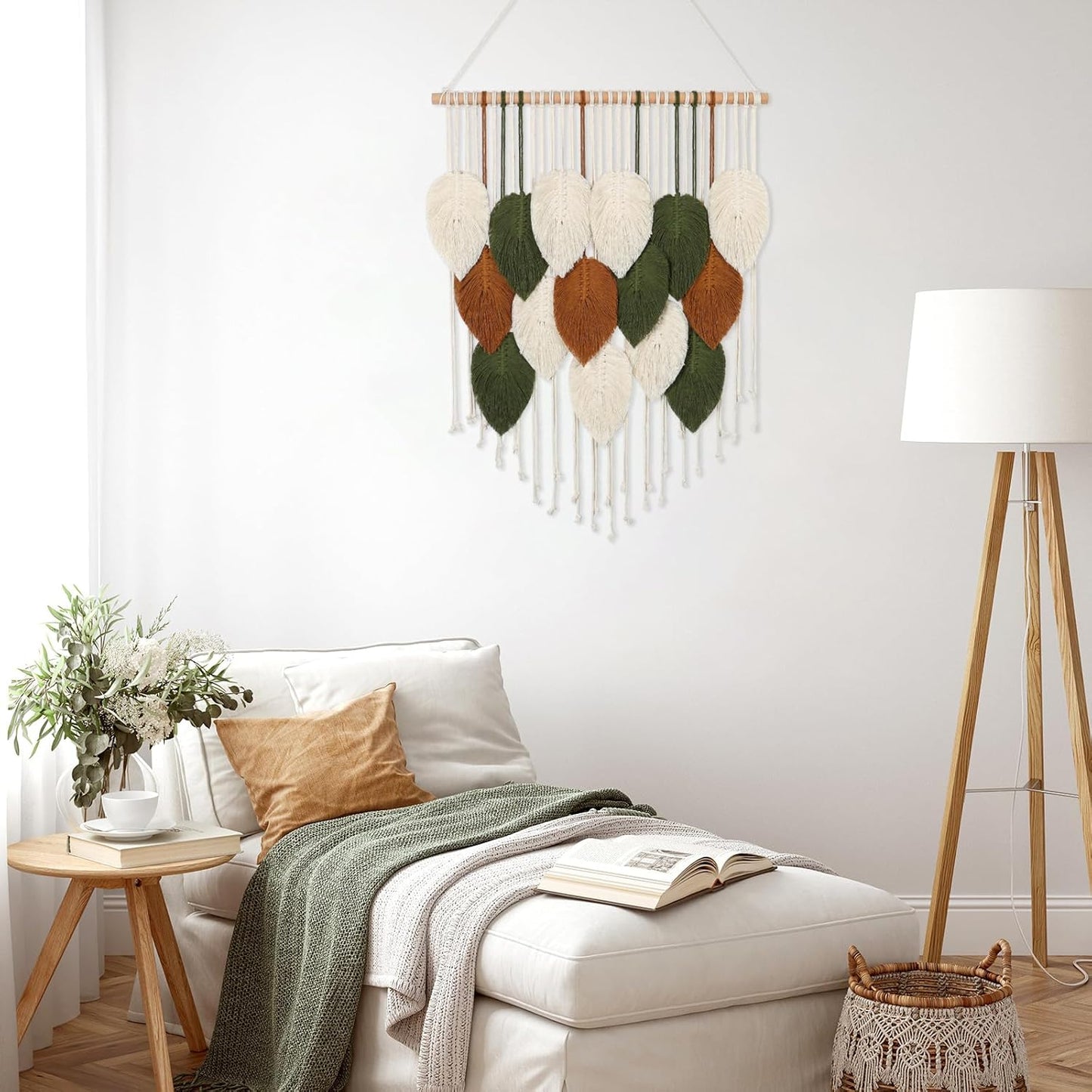 KHOYIME Macrame Wall Hanging Boho Woven Tapestry, Chic Home Decor Modern Bohemian Handmade Leaf Feather Wall Art Decorations for Apartment Dorm Living Room Bedroom Nursery Backdrop 23.6" W X 29.5" L