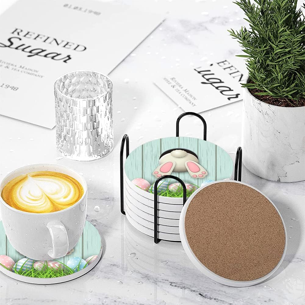 LOKMU Coasters for Drinks,Round Absorbent Ceramic Stone Coaster Sets of 6 with Metal Holder Stand,Bunny Bottom and Easter Eggs Coasters with Cork Base for Coffee Wooden Table,Housewarming Gifts