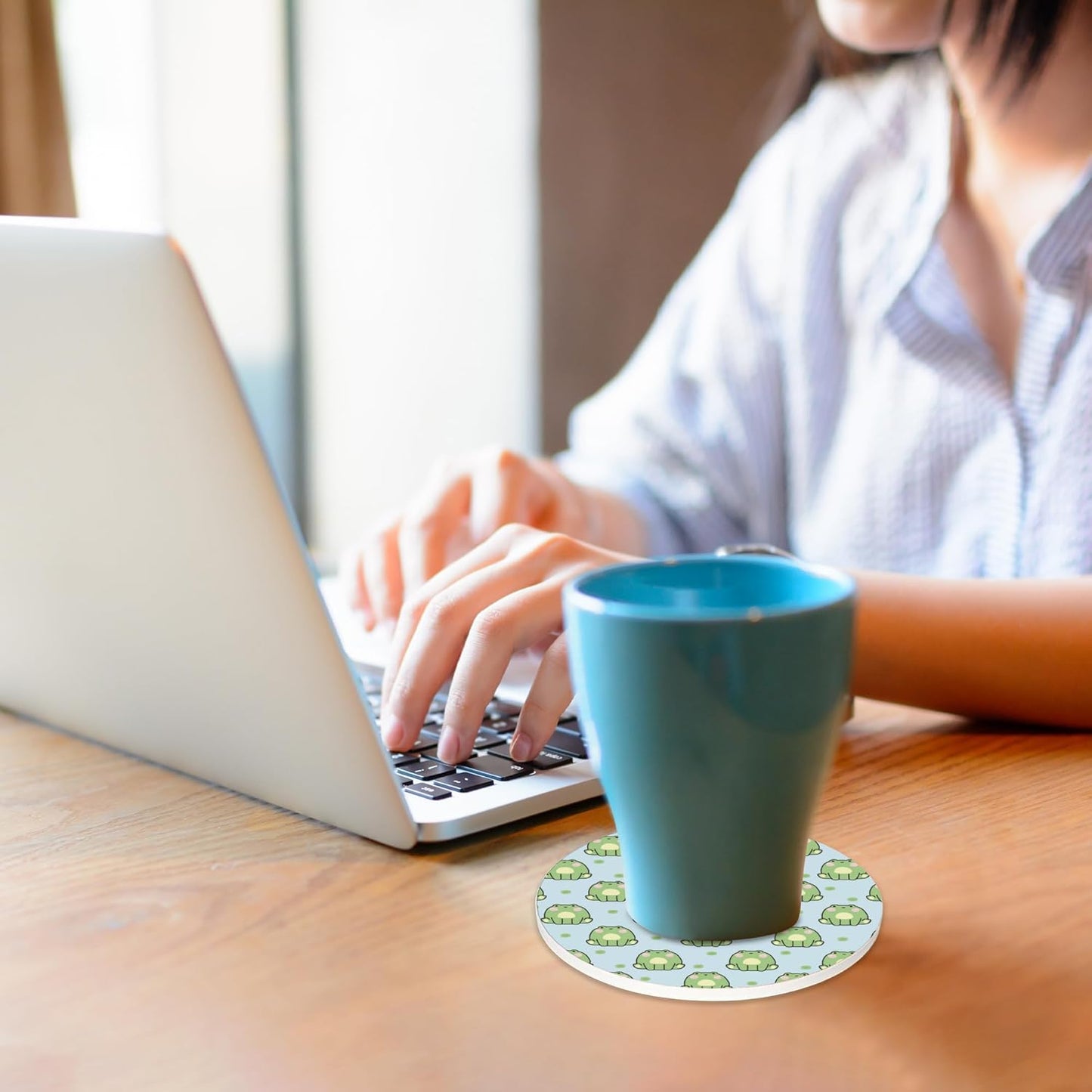 Drink Coasters for Drinks Set of 6,Cute Frog Absorbent Round Ceramic Stone Mat Coaster, with Cork Base and Metal Holder, Home Bar Decor House Warming Gift