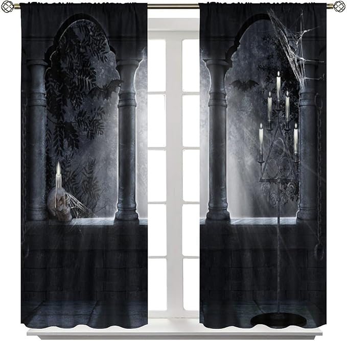 Halloween Blackout Curtains,Candle Skull in Weird Dark Scary Balcony Under Bright Moonlight Pattern Drapes Window 2 Panel Rod Pocket Curtain for Bedroom Living Room Decor 21" W X 45" L