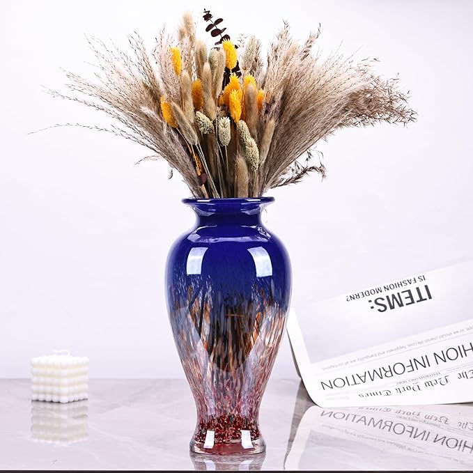 11.8" Tall Blown Blue Glass Vase, Colorful Opaque Glass Vase, Unique Design Wide Mouth Art Decoration for Home, Living Room, Dining Table, Pampas Grass Decor (Blue)