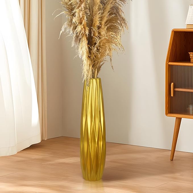 Gold Ceramic Tall Floor Vase,17.7 Inch Large Modern Flower Vases for Home Décor,Wicker Big Floor Vase Decorations for Farmhouse, Living Room,Bedroom,Standing Plastic Vase Decorative Tall