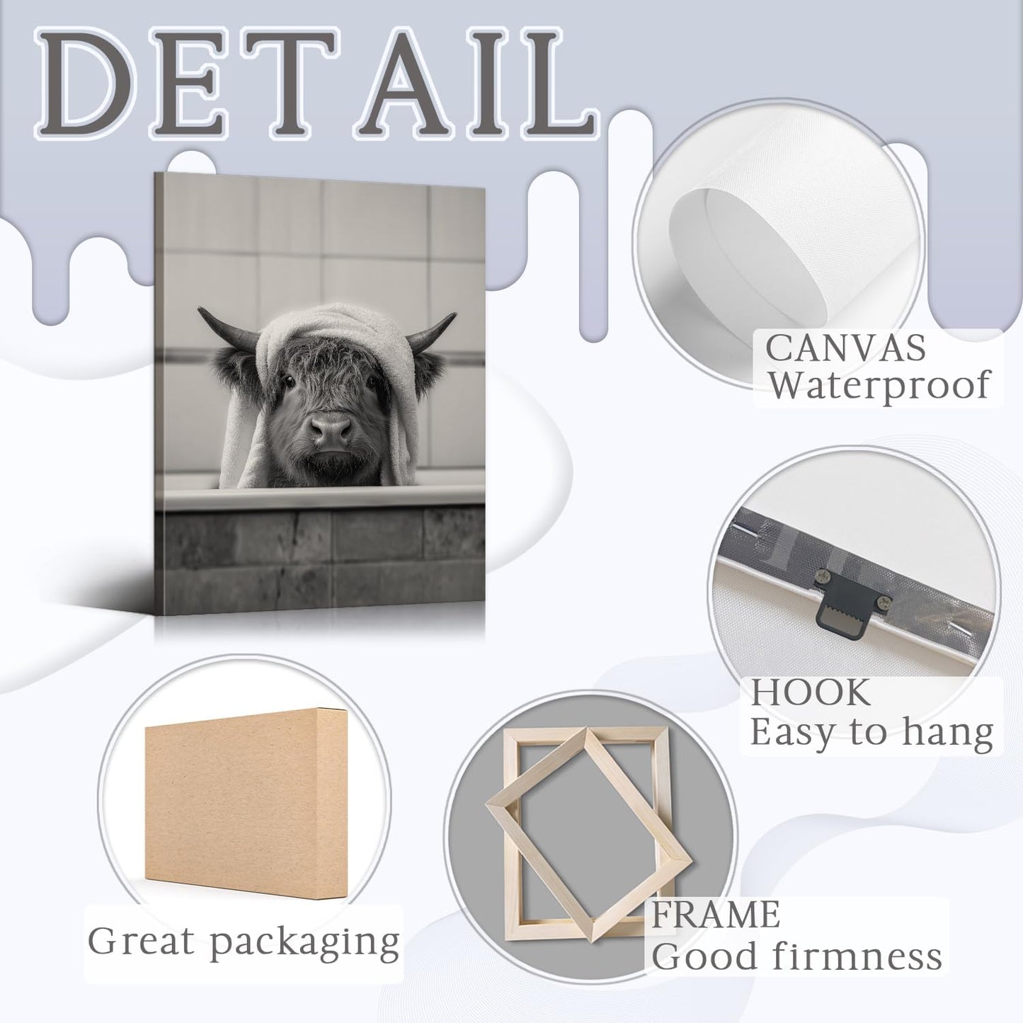 Funny Highland Cow Wall Art with Wooden Frame Ready to Hang - 12x15.7 Inch Waterproof Funny Decor Bathroom Decor, Bathroom Highland Cow Pictures Wall Art for Room