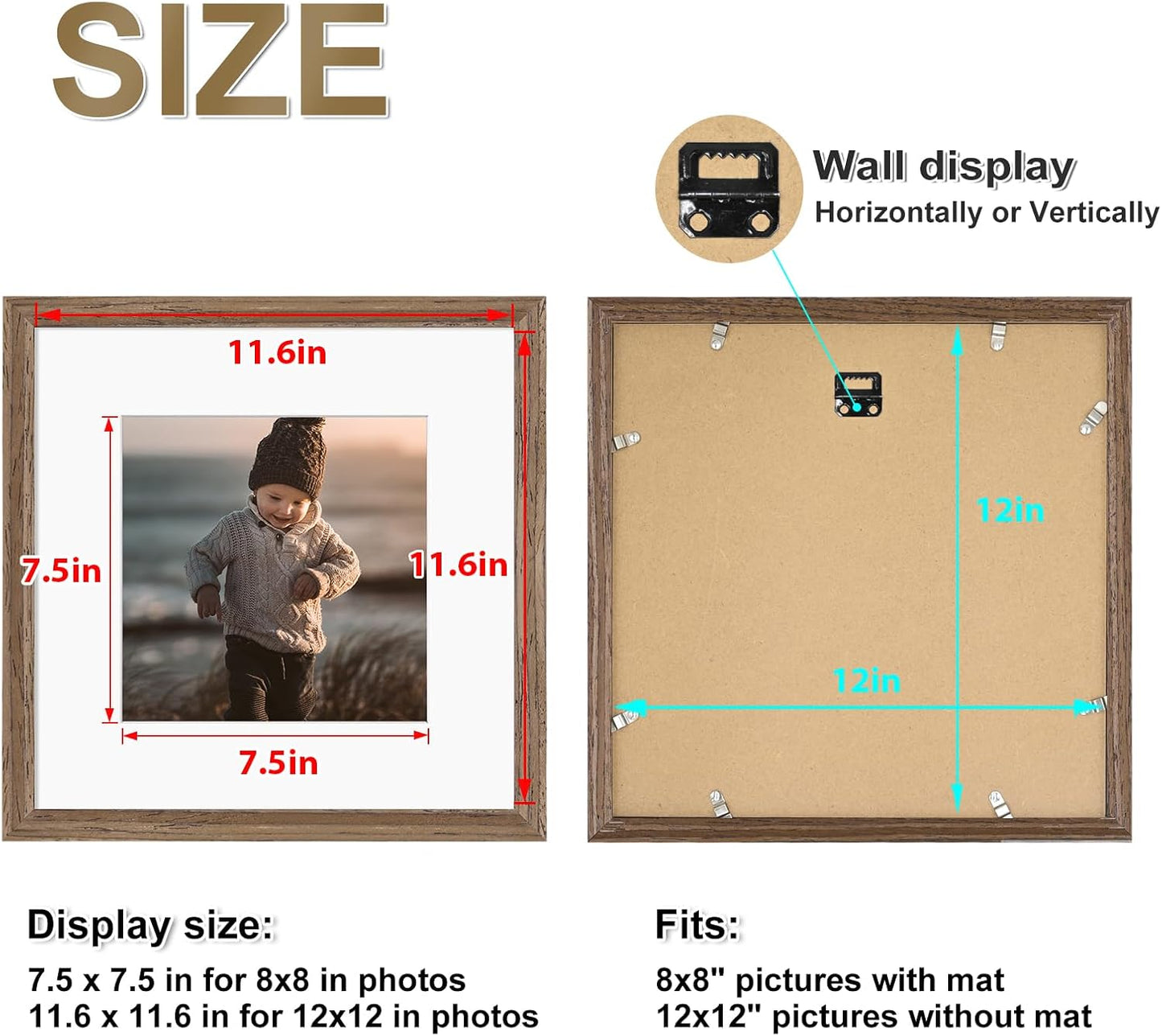KINLINK 12x12 Picture Frame, Brown Square Solid Wood Frames for Pictures 8x8 with Mat or 12x12 without Mat, Wall Display Photo Frames Brown Wood 4 Pack