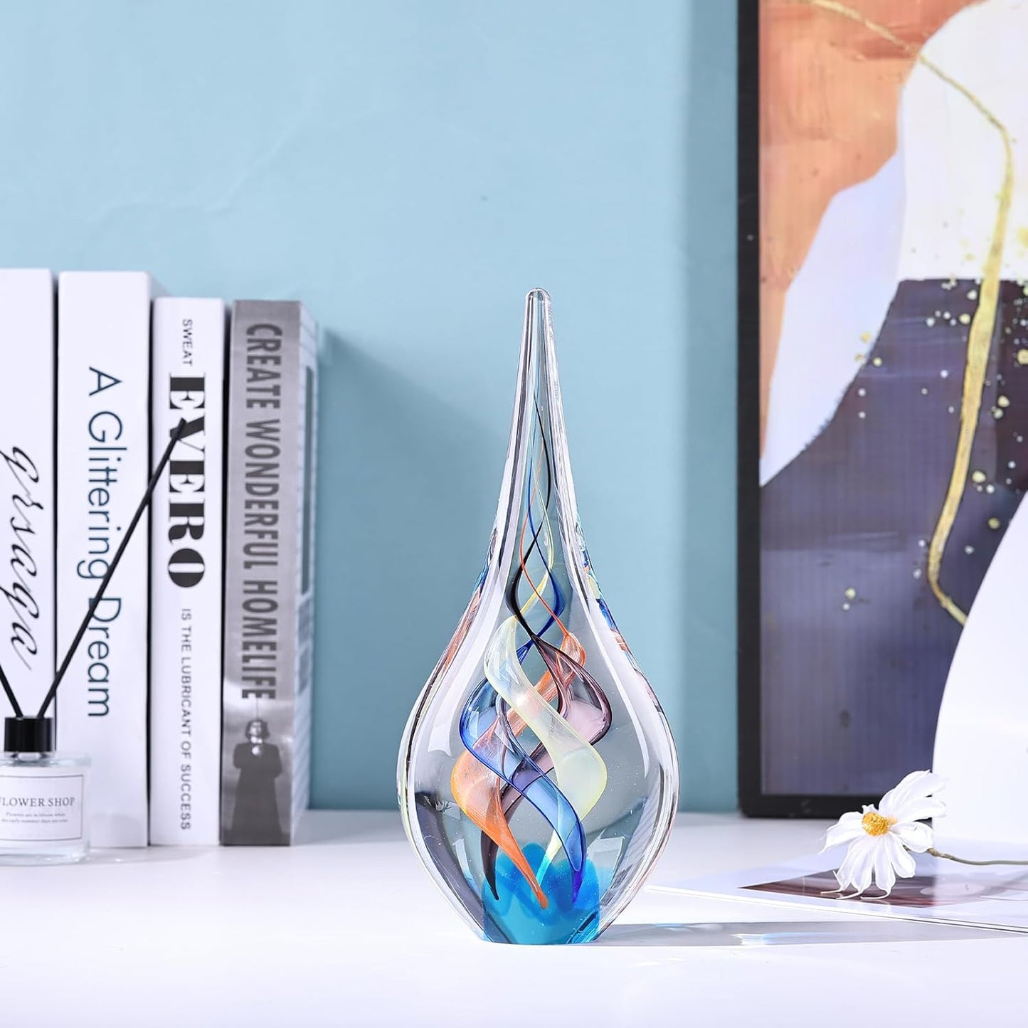 Blown glass sculpture, multi-color transparent glass art teardrop statue, unique ocean theme decoration for office, bookshelf, dresser, living room coffee table, fireplace countertop decoration.