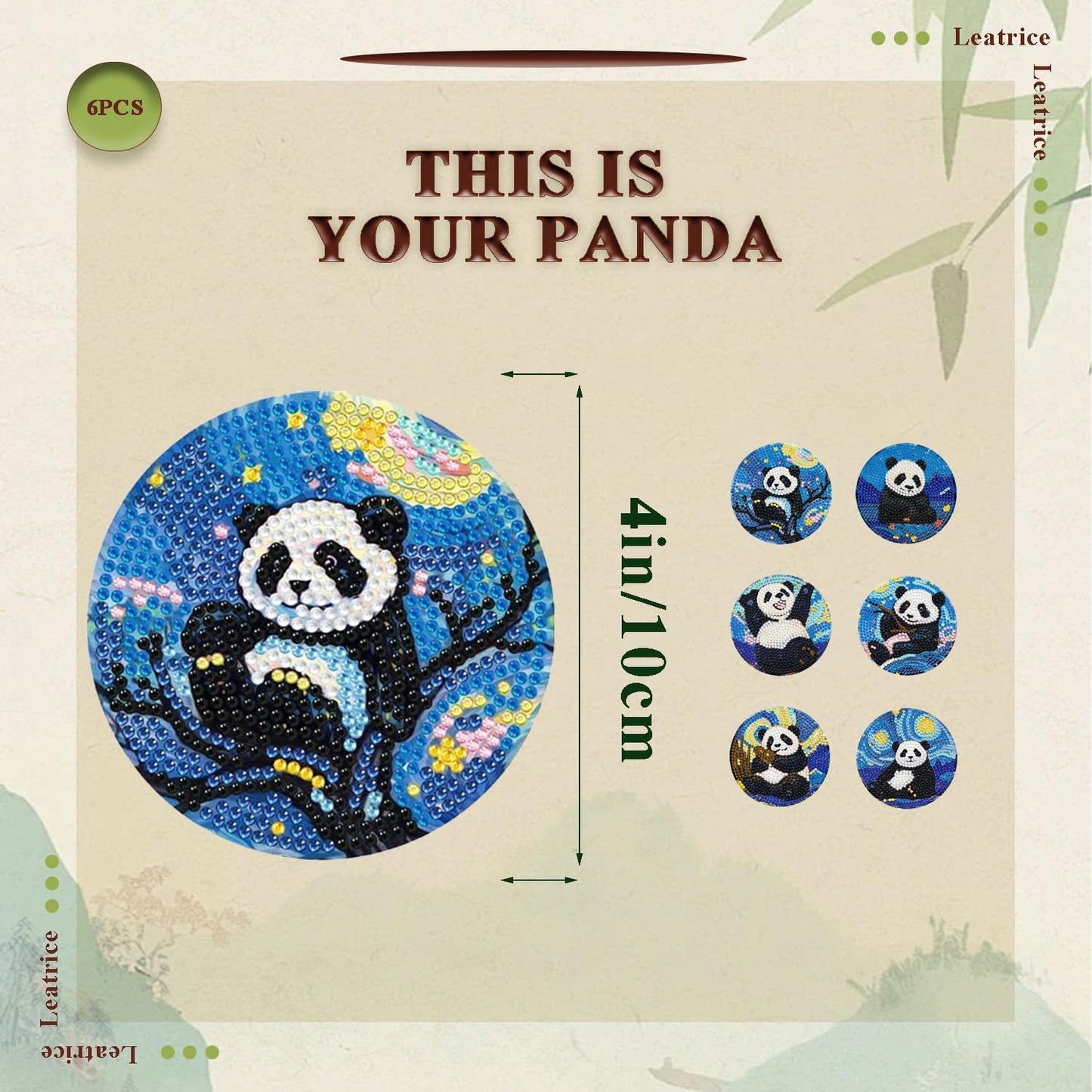 Leatrice 6PCS Panda Diamond Art Coasters Small Diamond Painting Kits for Adults Diamond Dots Round Full Drill Diamond Coasters with Holder Easy Art Crafts for Beginners Women Gifts