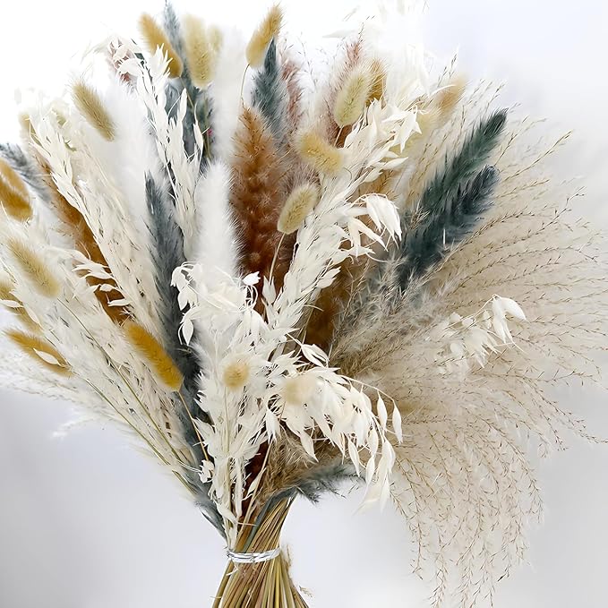 100PCS Air Dried Pampas Grass 6kind Mix Bouquet. Eternal Flower. for Wedding. Party,Photo Props Decor. Boho Dried Floral Arrangement Centerpiece