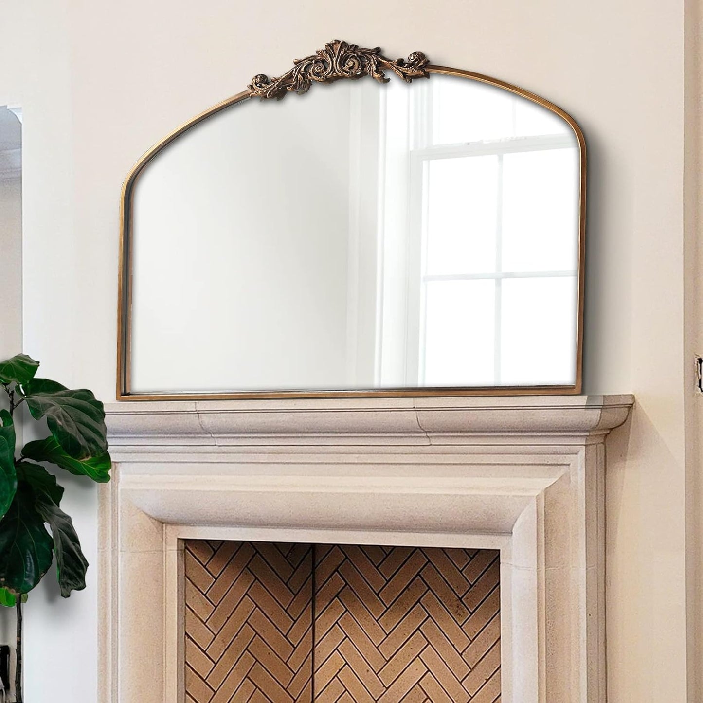Gold Arched Mirror,Baroque Brass Fireplace Mirror Decor, Victorian Vintage Mirrors with Full Matel Frame,Ornate Mirrors for Entryway/Bathroom/Living Room/Hallway 36"X30"
