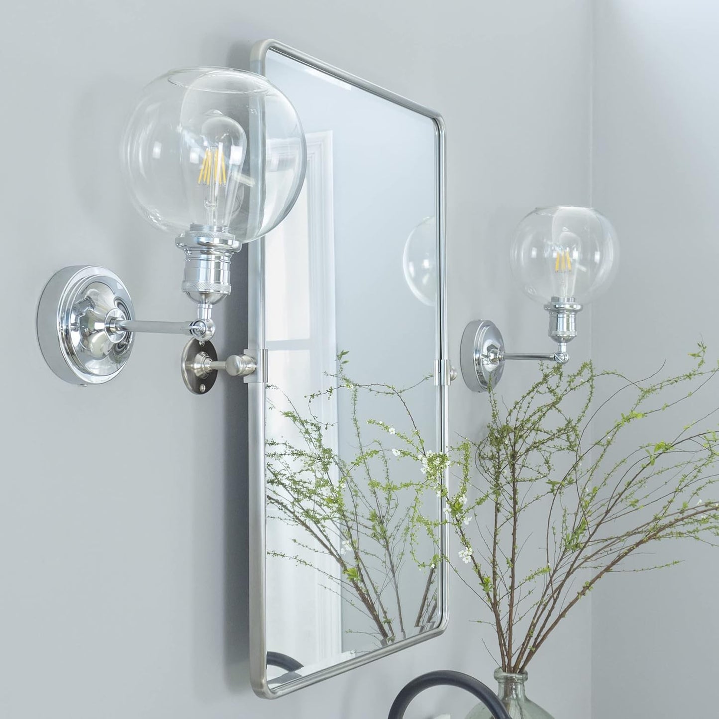 Farmhouse Pivot Rectangle Bathroom Mirror Brushed Nickel Metal Framed Tilting Beveled Vanity Mirrors for Wall, Overall 23.91 x 30 inches (Mirrror 20 x 30 inches)