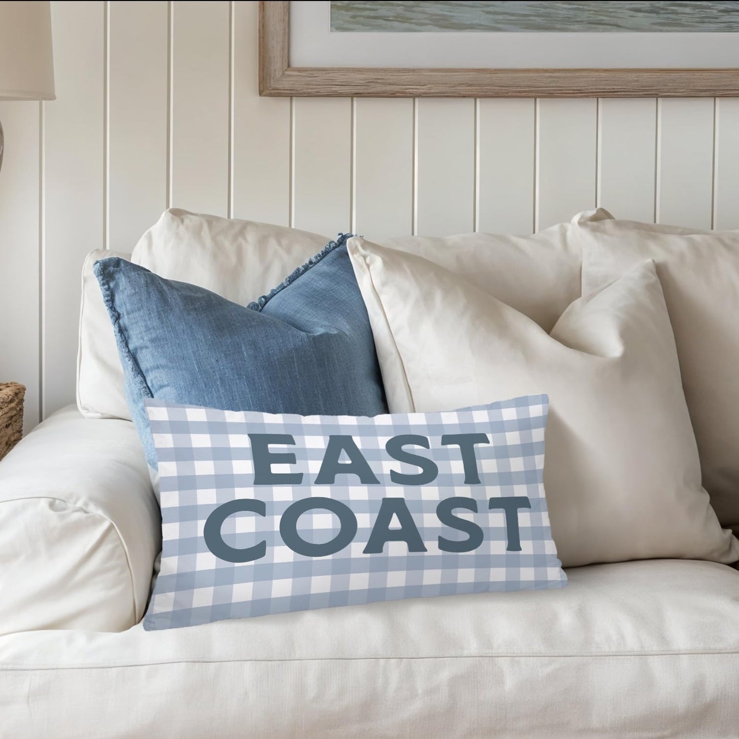 Coastal Beach Girls Room Decor 12x20 Pillow Cover, East Coast Preppy Trendy Gray and White Plaid Decorative Lumbar Pillow Covers for Boys Bedroom College Dorm Sofa Couch