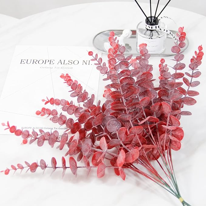 Tinsow Real Touch Leaf Artificial Eucalyptus Stem Faux Eucalyptuses Wedding Bouquet Centerpiece Home Decor (26, Red)