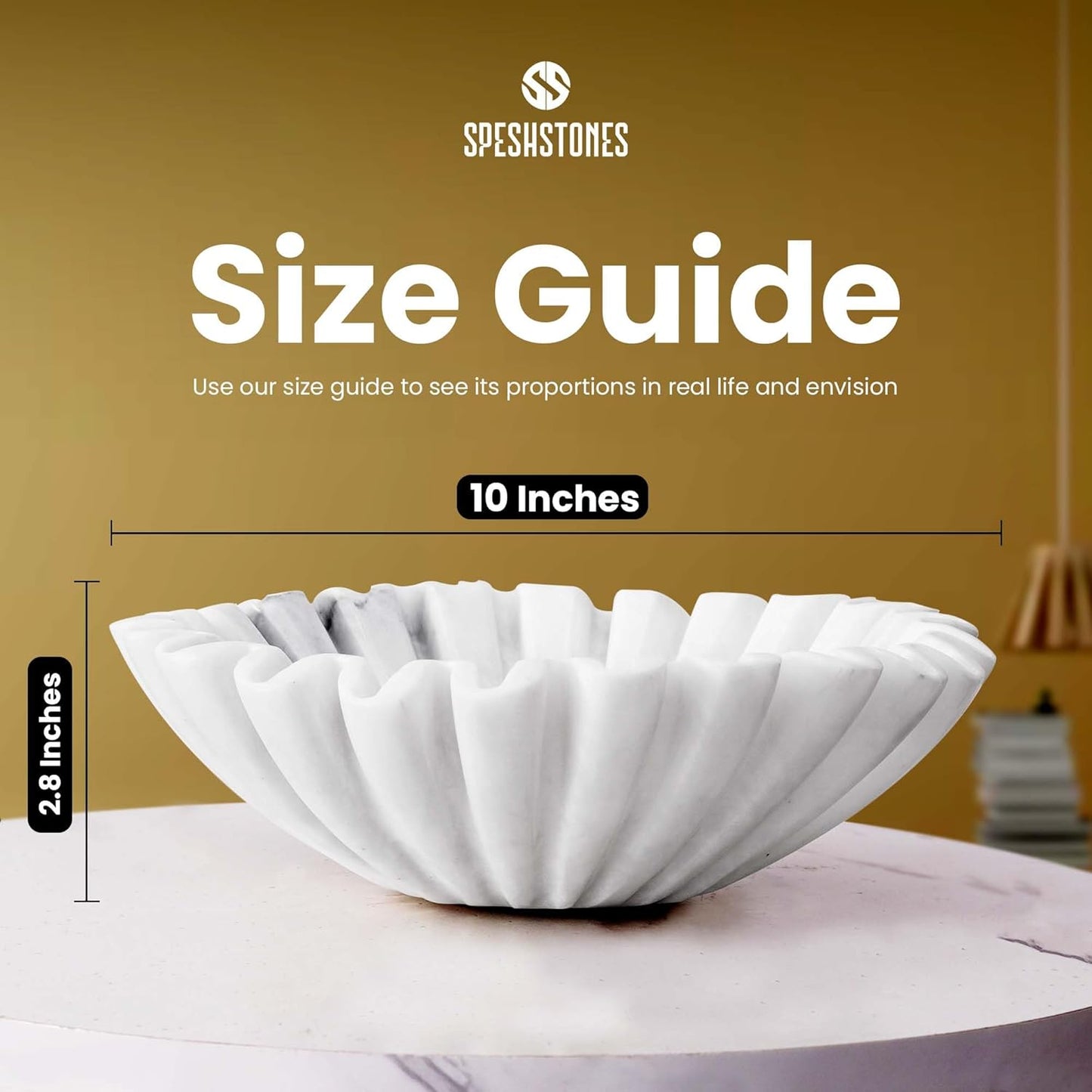 Marble Decorative Bowl 10 Inch Handmade White Fruit Bowl for Kitchen Counter - Large Ruffle & Scalloped Bowls for Dining, Coffee Table Centerpieces & Home Decor