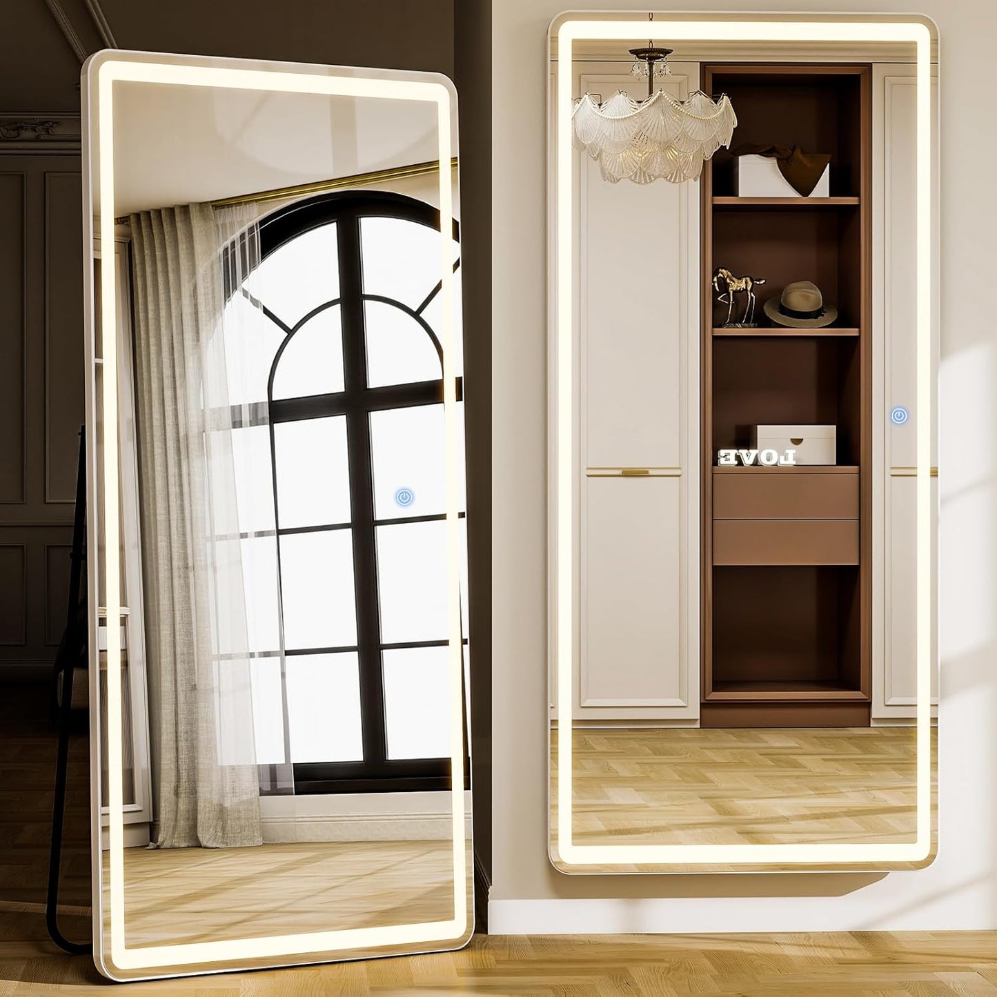 GLSLAND 65x26 LED Mirror Full Length, Aluminum Alloy Floor Mirrors with Lights, 3 Color Lighting & Dimming for Bedroom Decorative Wall Mounted, White