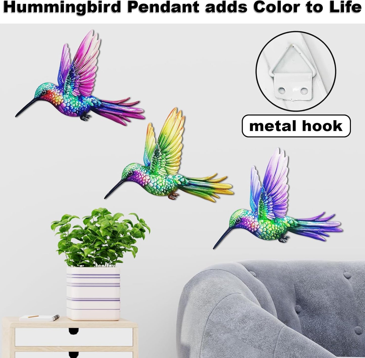 John's Studio 3Pcs Metal Hummingbird Wall Decor Outdoor Garden Hanging Art Sculptures Home Theme Decorations for Kitchen Bathroom and Pool