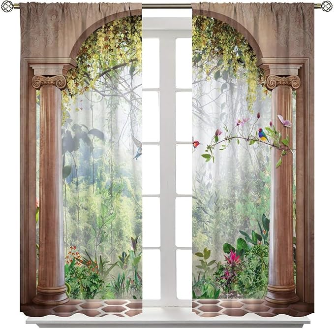 Gothic Blackout Curtains,Fantasy Spring Nature Forest Birds Pattern Drapes Window 2 Panel Rod Pocket Curtain for Bedroom Living Room Decor 21" W X 45" L