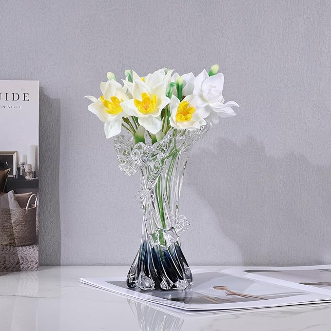 Blue White Clear Wave Vases Gradient, Murano Hand Blown Glass Vase Unique Art Decorative, for Ocean Themed Coastal Home Centerpiece Modern Office Entrance Table Creativity