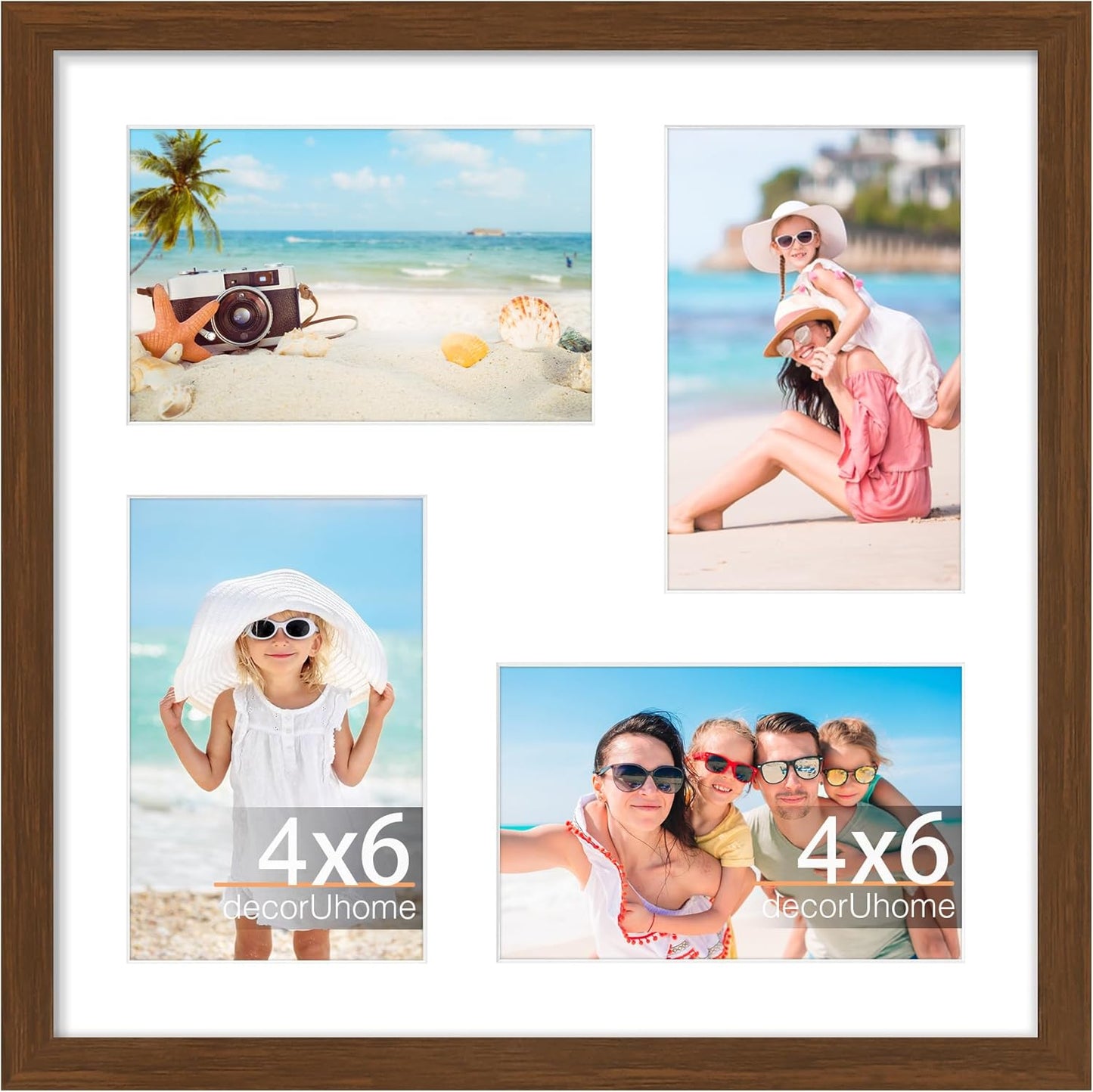 decorUhome 12x12 Picture Frames Collage Wall Decor, Display 4Pcs 4x6 Photos with Mat or 1Pcs 12x12 Unmatted, 4 4x6 Collage Picture Frames for Wall Mounting, Brown