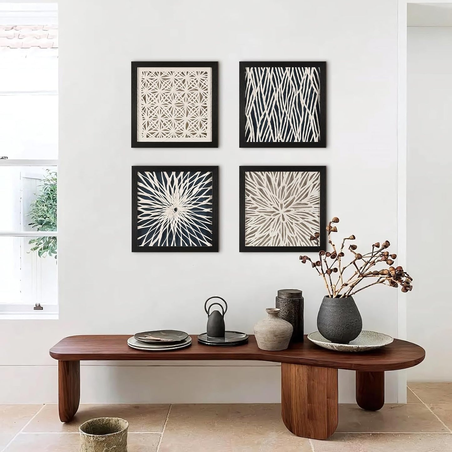 FOLKOR Geometric Wall Art Black and White for Modern Living Room Bedroom, 12" Rice Paper Framed Shadow Box Artwork, 3D Texture Floating Wall Hanging Sculpture for Kitchen Bathroom Apartment Dorm