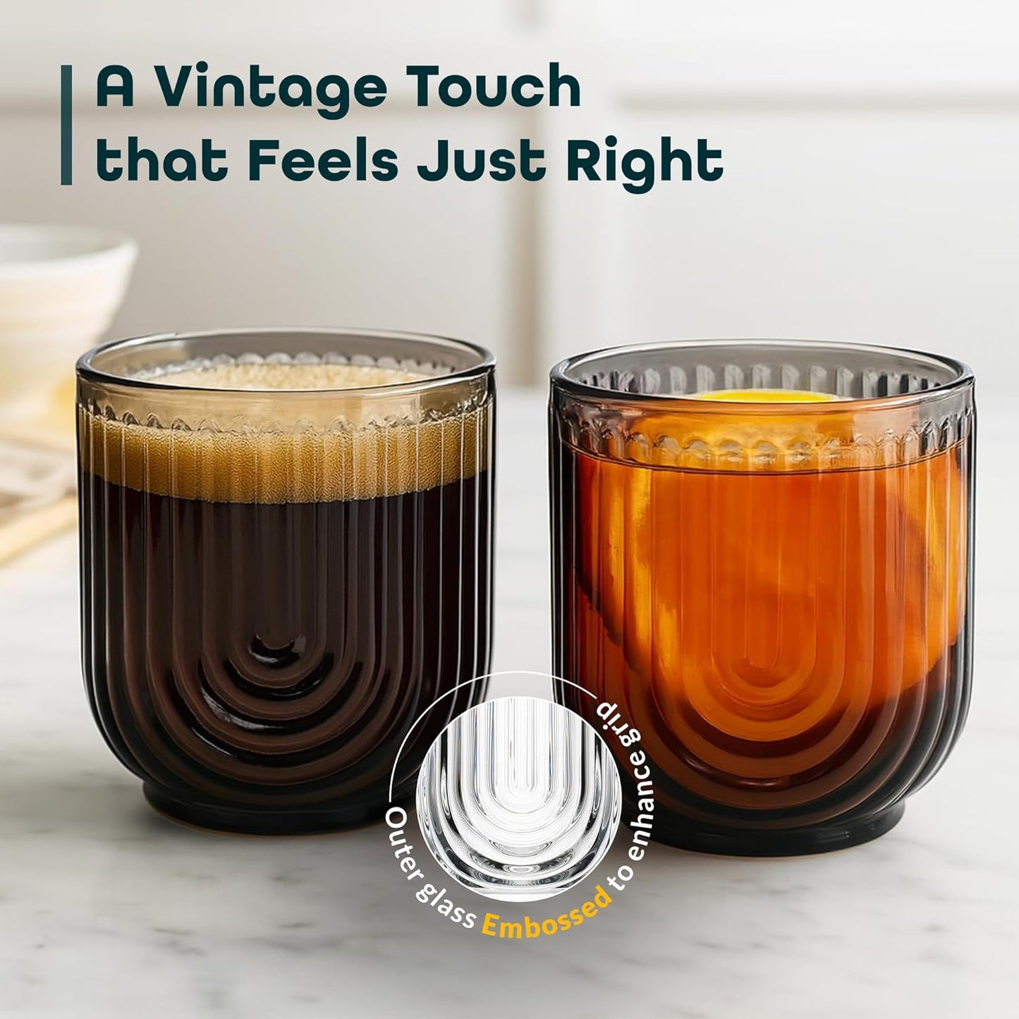 Glaver's Vintage Glassware Art Deco Glasse Ribbed Drinking Glasses U-Shape Arch Design Colored Cocktail Kitchen Tumblers Everyday Dinner Decorative Party, (Smoke S/4 11oz)