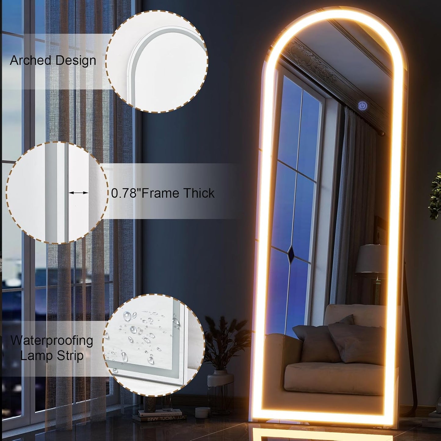 GLSLAND Arched LED Full Length Mirror 64" x 21" Arch Floor Body Standing Mirror with Lights Dimming Wall Mounted Hanging Floor Mirror for Bedroom