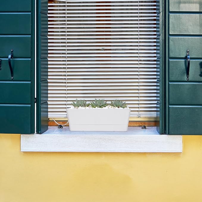GREANER Window Boxes Planters, 3PCS 16x3.8 Inch Large Herb Planters with Tray, Indoor Succulent Cactus Flowers Vegetable Plastic Rectangle Pots for Balcony, Office, Garden, Outdoor, Windowsill (White)