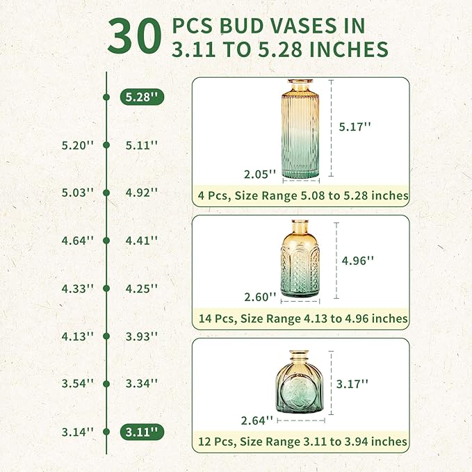 Glass Bud Vases in Bulk Set of 30 Pcs,Small Glass Vases for Flowers as Wedding Centerpieces for Tables,Clear Flower Vases Suitble for Wedding Decorations,Home Decor (Brown Green, 30 pcs)