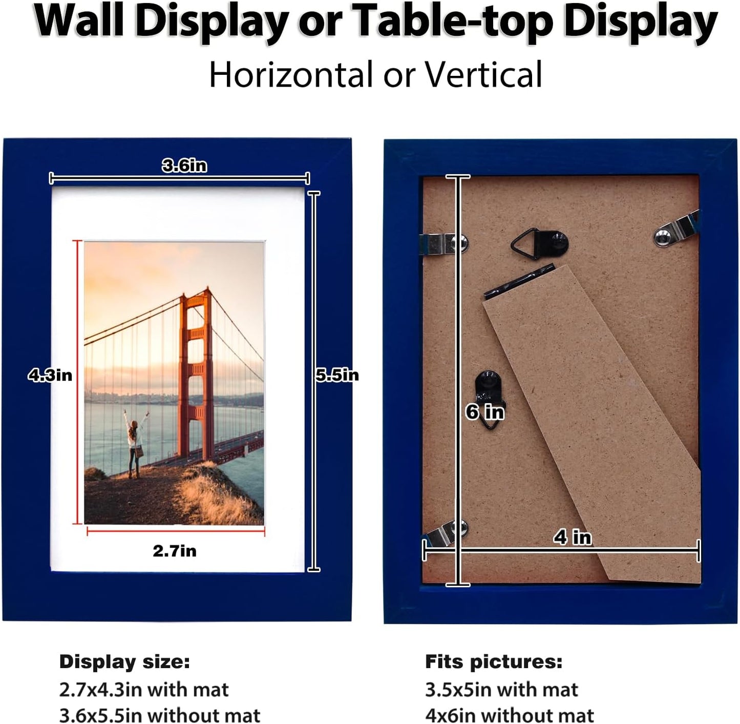 KINLINK 4x6 Frame Navy, Solid Wood 4 x 6 Picture Frame with Acrylic Plexiglass for 3.5x5 with Mat, Tabletop and Wall Display Photo Frames 4x6 Navy Blue, 4 Pack