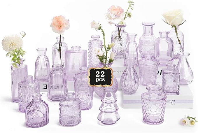 RUCKAE Purple Flower Vase in Bulk 22 Glass Bud Vases Vintage Small Vases for Centerpiece Table Wedding Decorations Home Decor Party (Purple 22 Pack)
