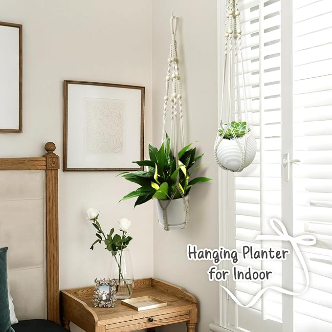 FGSAEOR Macrame Plant Holder Basket, Hanging 3-15 inch Pot, Bearing 20lb Planters, 35 Inches Extra Long Strong Boho Home Indoor Outdoor Décor (2-Pack) (Ivory)